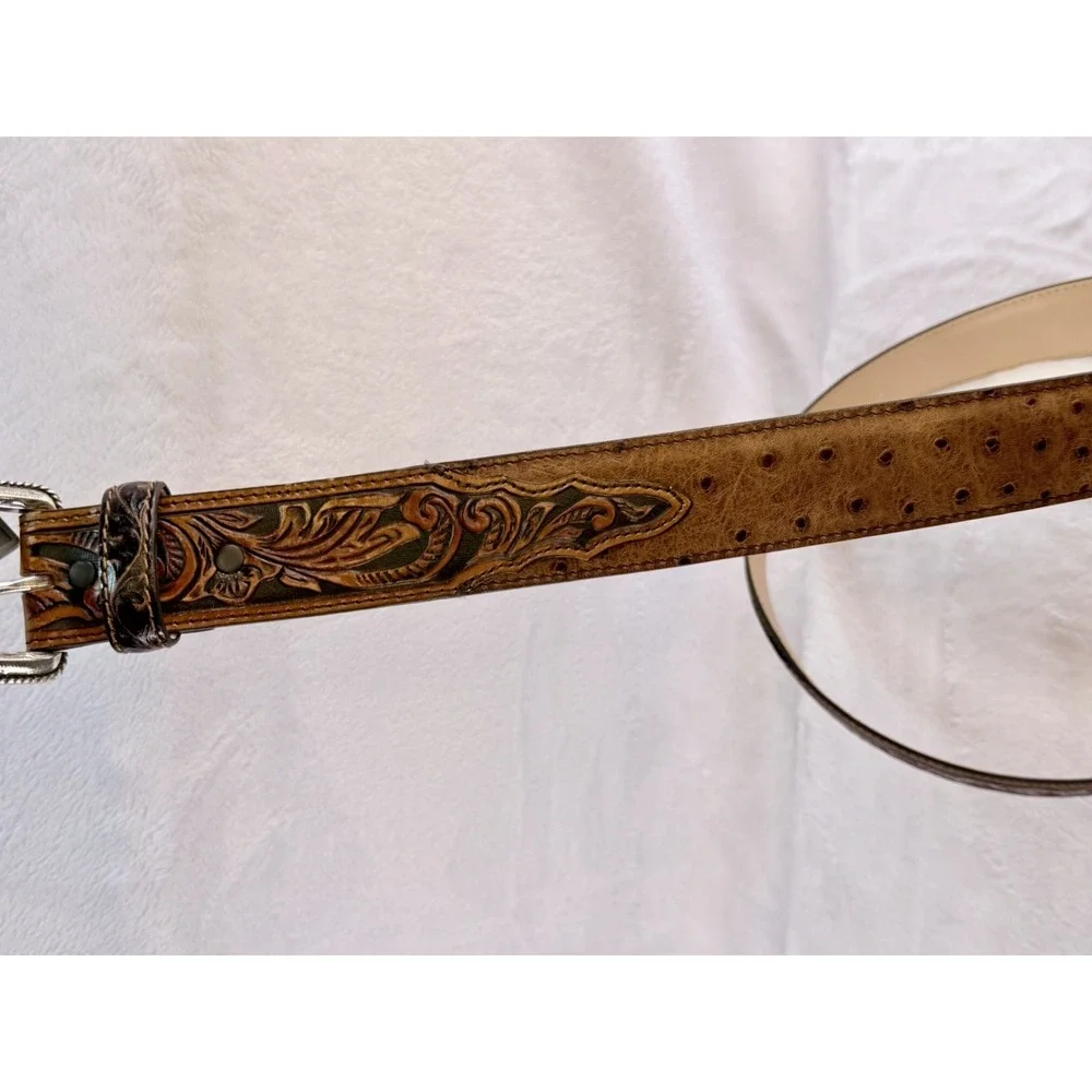 Tony Lama C42525 Men's Rustic Ostrich Print Floral Tooled Leather Belt Size 38